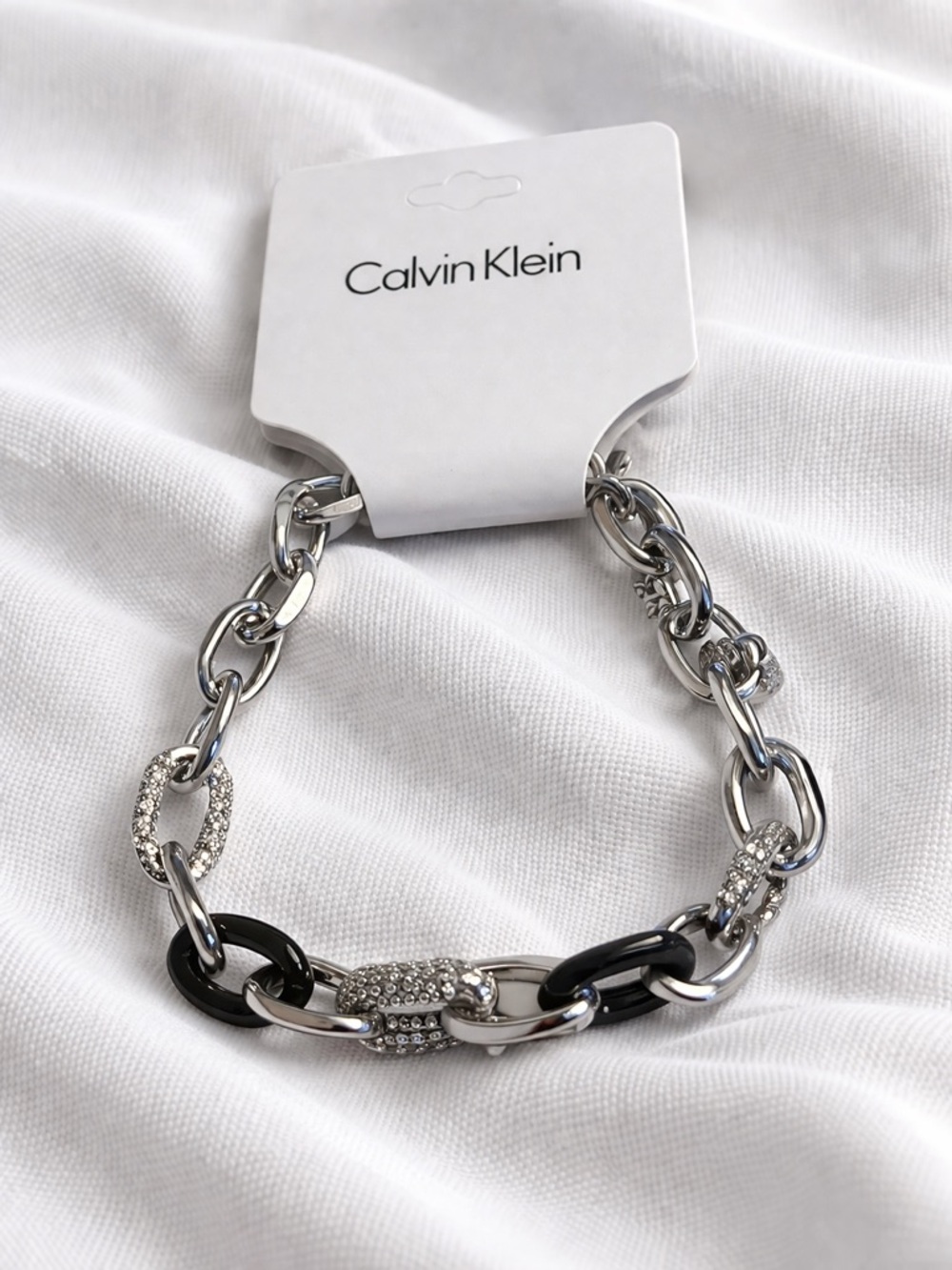 Calvin Klein Silver and Black Crystal-Accent Link Bracelet NWT